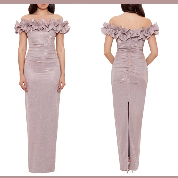 NWT $298 Xscape‎ [ 10 ] Glitter Ruffle Off the Shoulder Back Slit Gown - Picture 1 of 14
